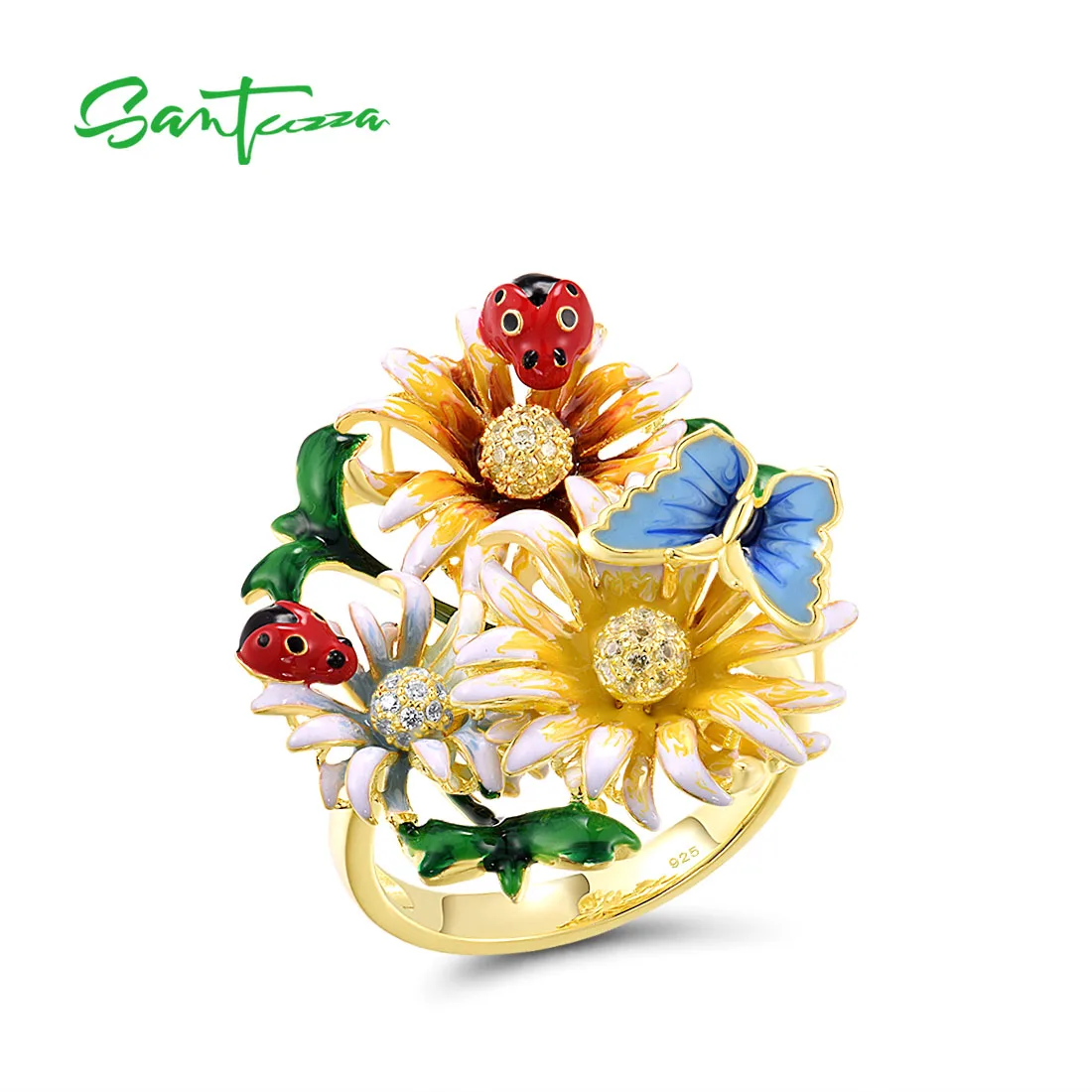 SANTUZZA 925 Sterling Silver Rings For Women Champagne Yellow White CZ Enamel Flower Butterfly Ladybug Fine Jewelry Handmade