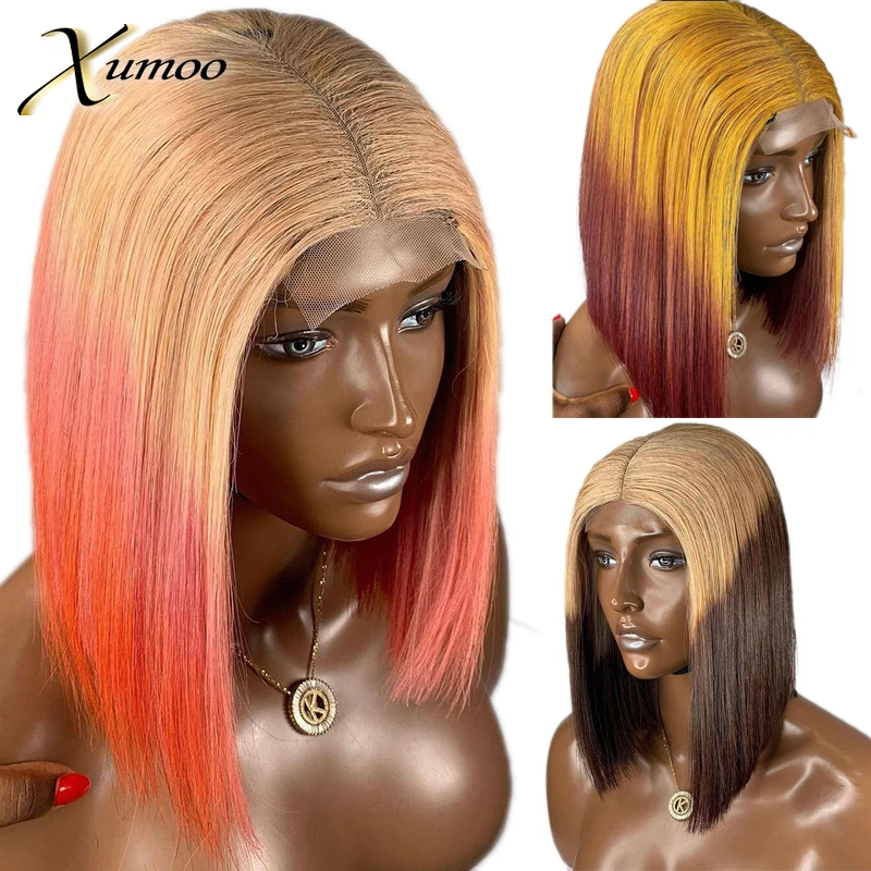 Pink Brown Yellow Ombre Color Short Bob Cut Straight Transparent 13x1 4X1 Lace Human Hair Wigs For Women Prepluck With Baby Hair