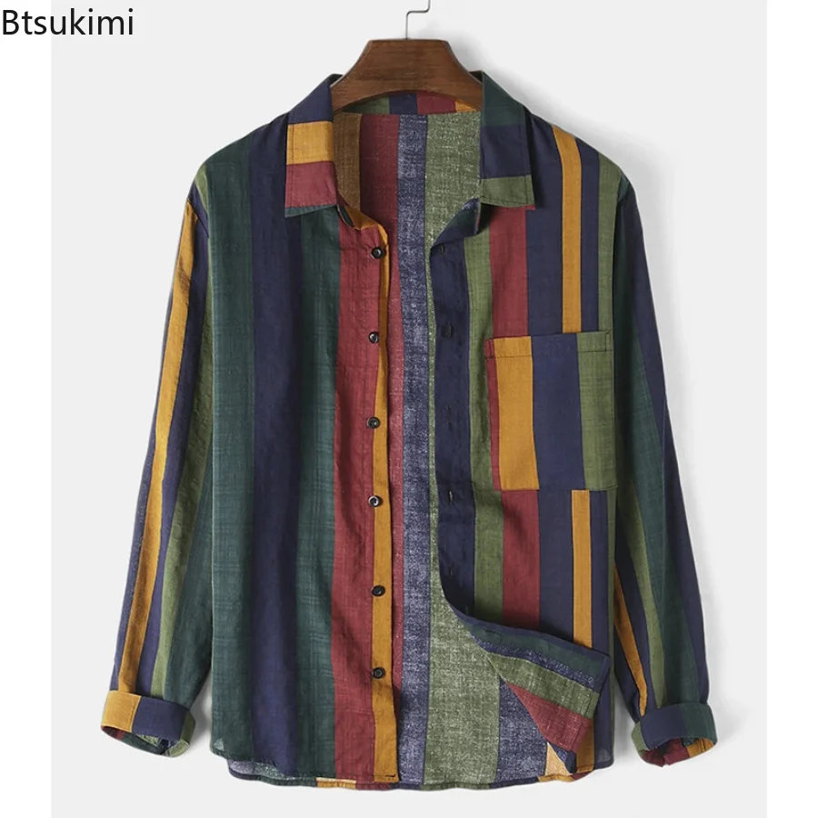 

Новинка 2023, полосатая рубашка, Мужская льняная блузка с длинным рукавом, мужские бриллиантовые рубашки, дышащая повседневная Уличная одежда в стиле хип-хоп, мужские топы, блузы