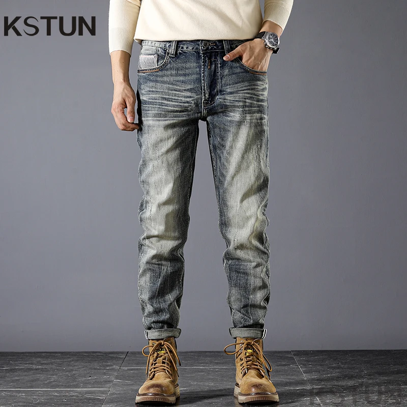 Мужские Стрейчевые джинсовые брюки облегающие для фитнеса в винтажном стиле