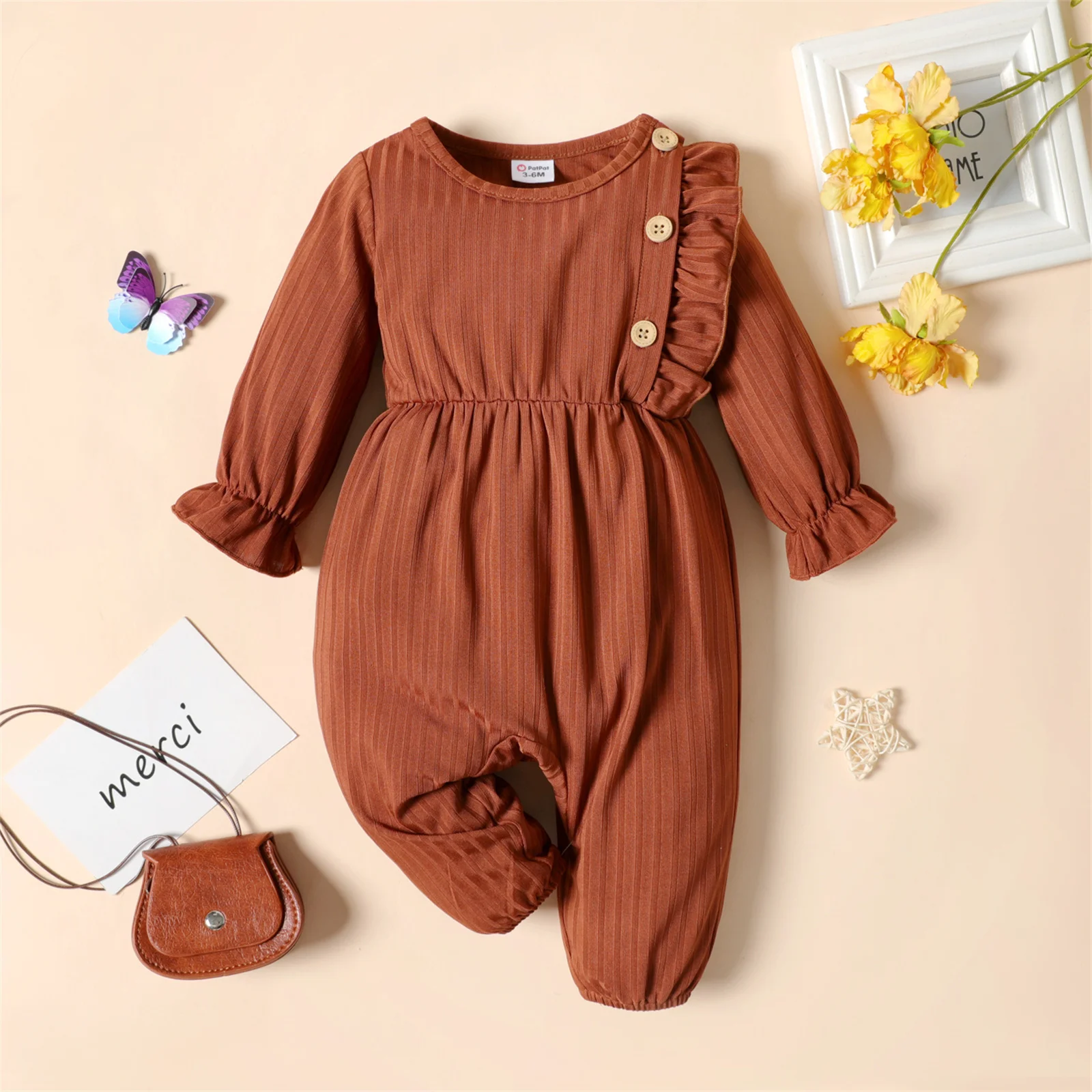 PatPat Baby Girl Long-sleeve Jumpsuit Baby Romper Spring and Summer Baby Girls Newborn Clothings Brown/White Butterfly Ruffle