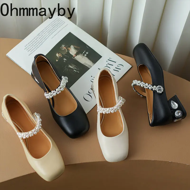 

Дизайнерские Туфли-лодочки с жемчугом, Туфли Мэри Джейн, женская обувь, повседневные женские туфли на толстом каблуке с пряжкой, элегантные ...