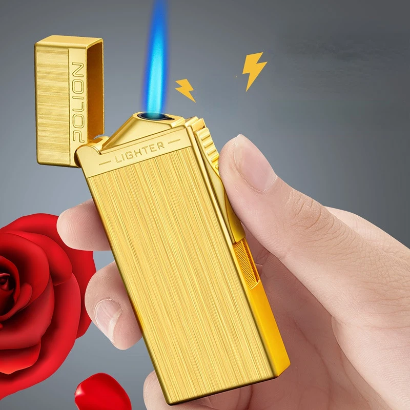 New Langsheng Metal Straight Blue Flame Gas Lighters Smoking Set Gift