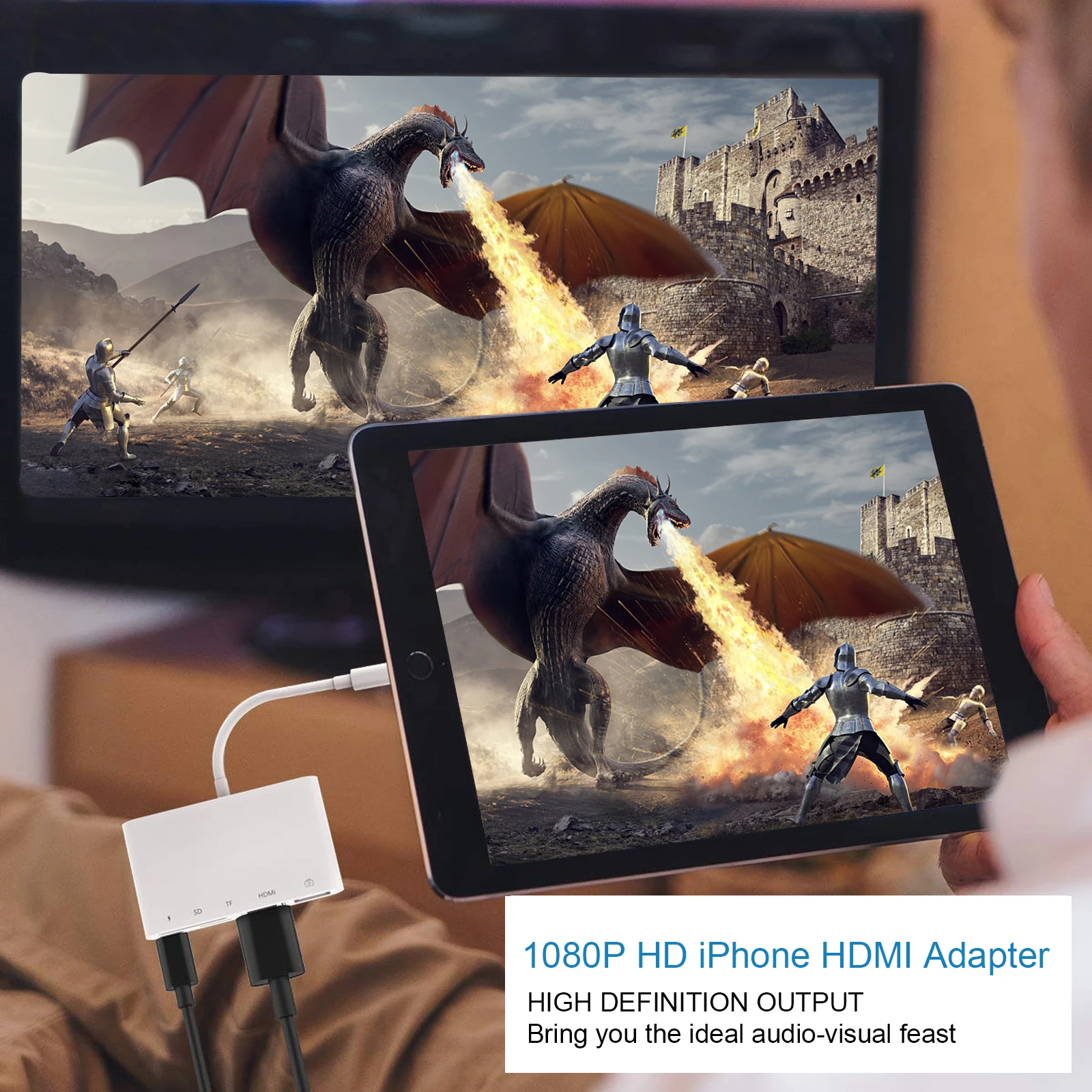 Lightning to HDMI Digtial AV Adapter,iPhone 14 to TV/Projector Connector Otg Cable Charge/SD/TF/USB Port 1080P Video Sync Screen