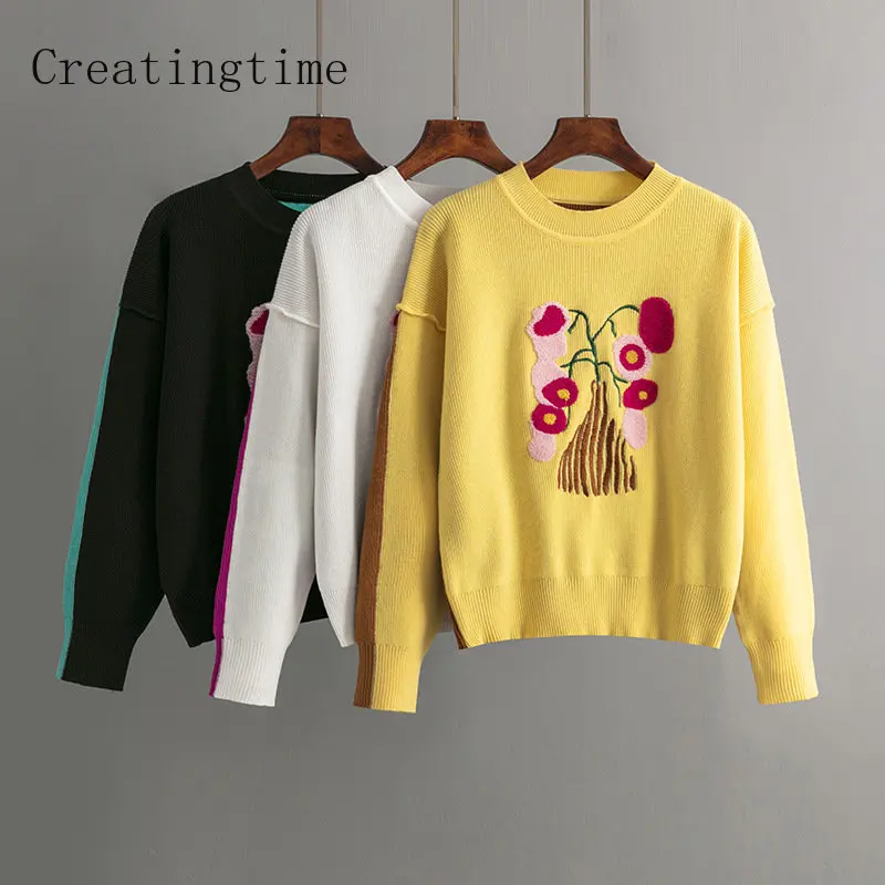 

Colorblock Long Sleeve Sweater Women 2022 Autumn Winter Korean Loose Round Neck Embroidered Casual All-match Knitwear New 1A244