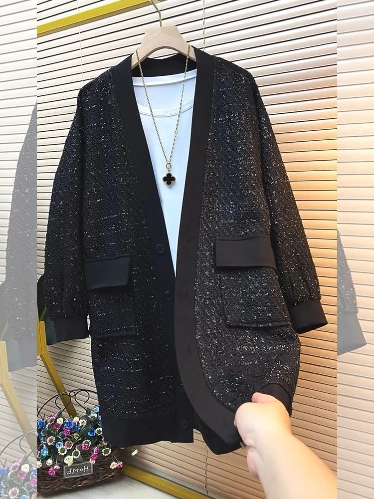 

Роскошный яркий женский пиджак высокого качества, элегантное Свободное пальто средней длины с длинным рукавом и V-образным вырезом для осени и зимы