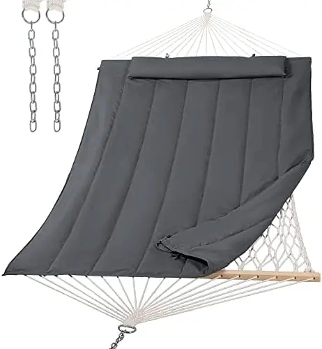 

Hammocks Heavy Duty Hammock with Hardwood Spreader Bar, Double Rope Hammock with Polyester Pad, Grey