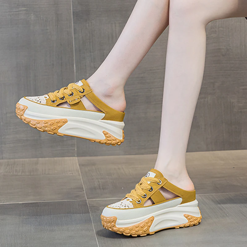 7cm Lace Genuine Leather Slides Hollow Ladies Summer Slippers Breathable Ankle Boots Women Platform Sandals Wedge Woman Shoes