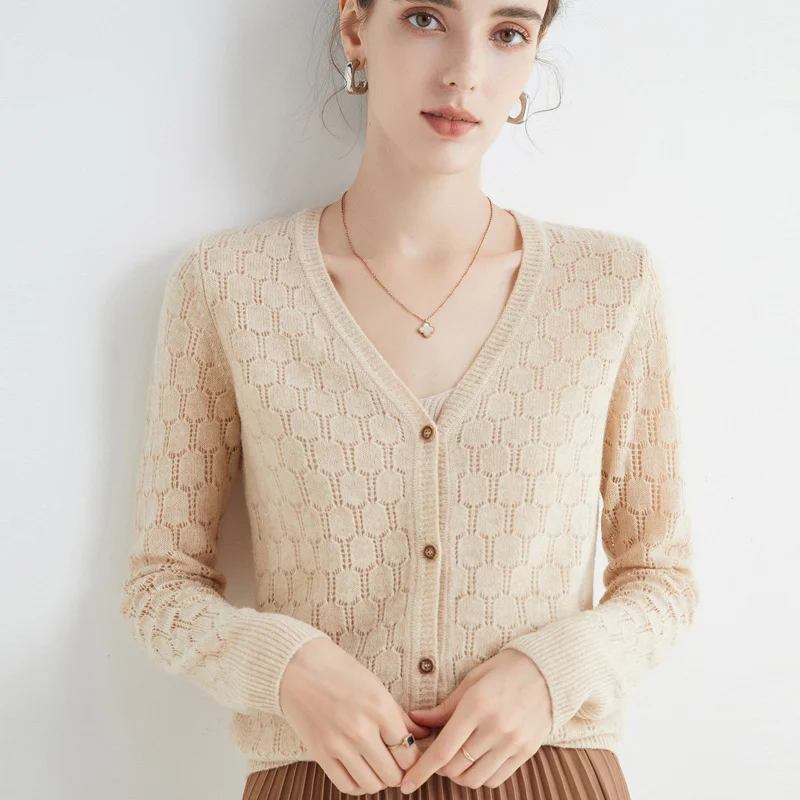 

Early Autumn V-neck Knitted Cardigan Women's 100% Pure Wool Loose Thin Coat New Hollow Outwear Small Shirt Coat