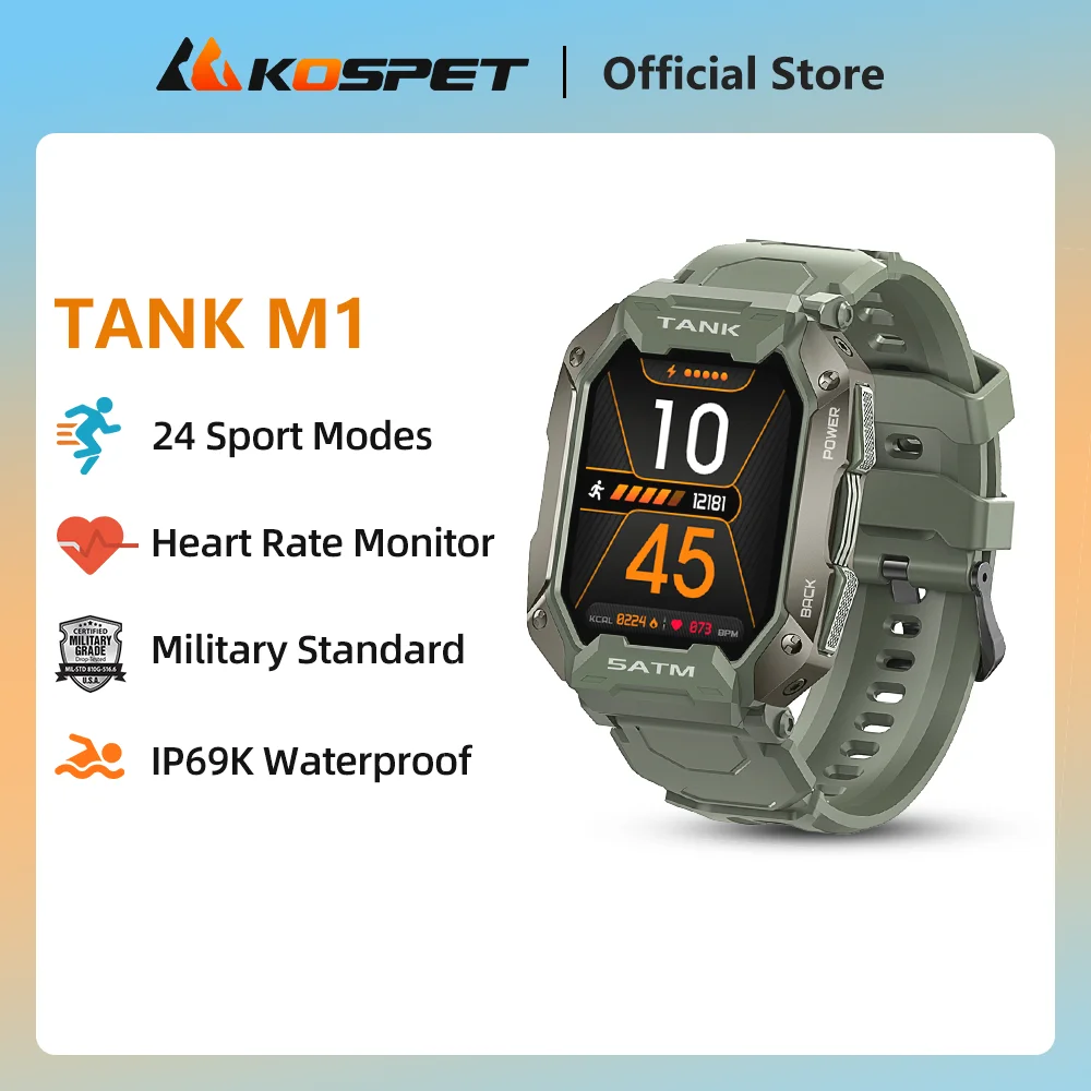 

KOSPET TANK M1 Smartwatch Men Outdoor 24 Sport Modes Heart Rate Monitor 5ATM IP69K Waterproof Green Black Smart Watch For Men