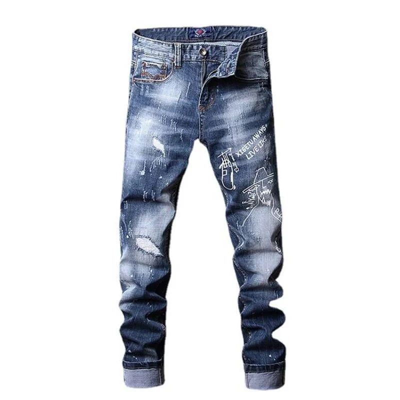 Fashion Designer Men Jeans Retro Blue Elastic Slim Fit Printed Ripped Jeans Men Vintage Trousers Hip Hop Denim Pants Hombre