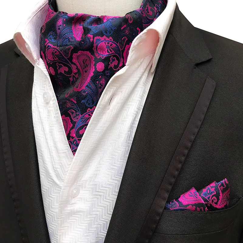 

2pcs Fashion Plaid Paisley Polyester Cravat Ascot Handkerchief Set Pocket Square Scarf for Man Neckties Suit Accessories