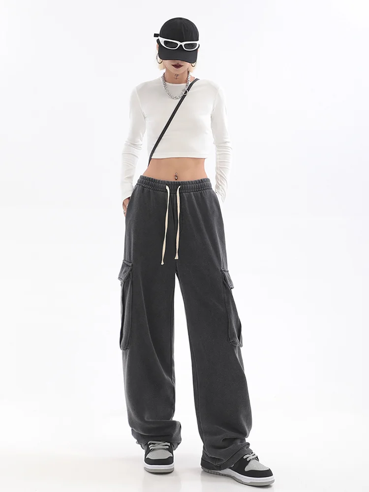 

Women New Autumn Winter Drawstring Tie Up Solid Color Sweatpant High Waist Wide Leg Straight Cylinder Simplicity Jogger Trousers