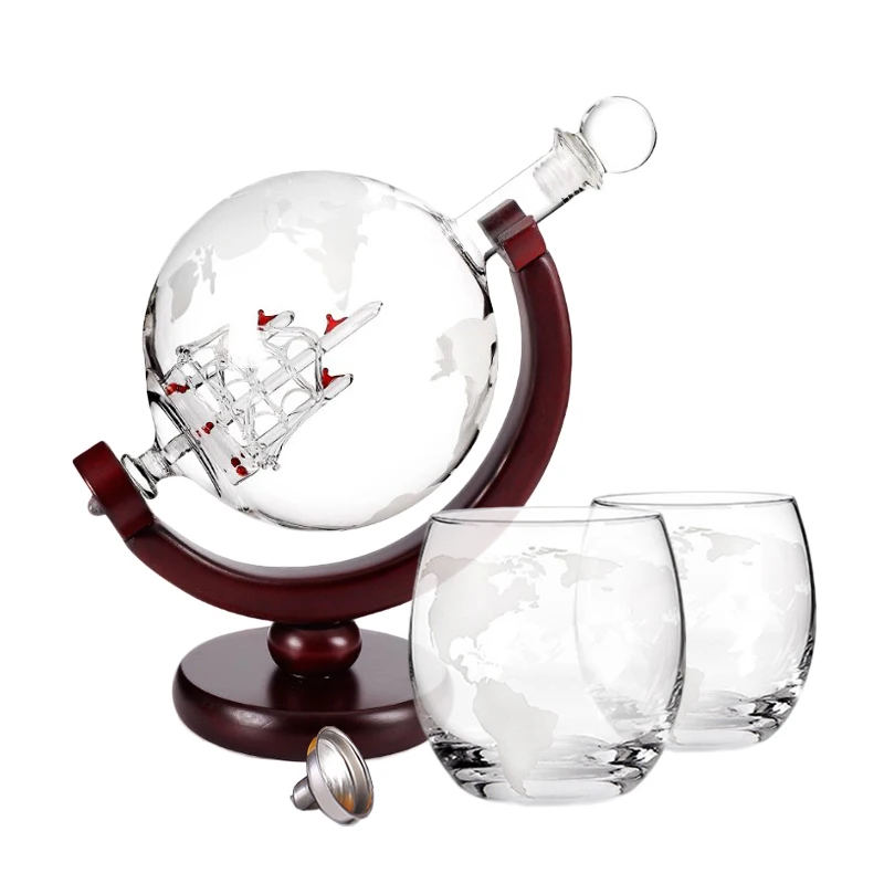 Creative Globe Decanter Set with Lead-free Carafe Exquisite Wood-stand and 2 Whisky Glasses Whiskey Decanter Globe Grade Gift images - 6