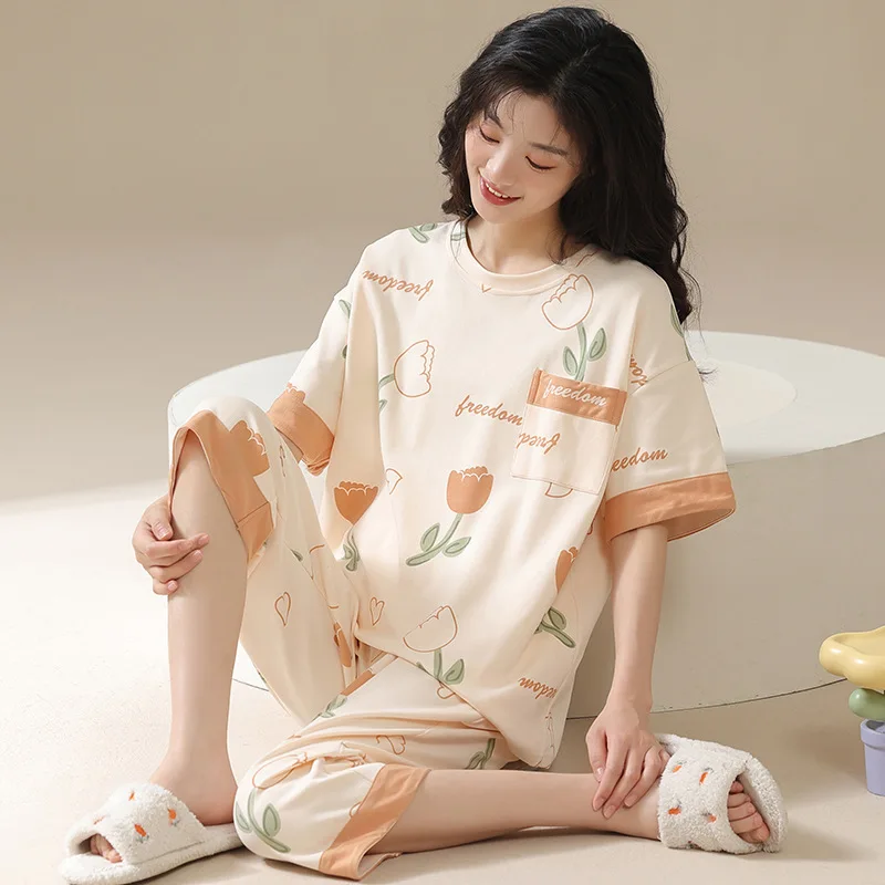 Pajamas for Women's Summer Thin Cotton Cool Short-sleeve Shorts Sleepwear Casual Small Fresh and Sweet Style with Chest Pads