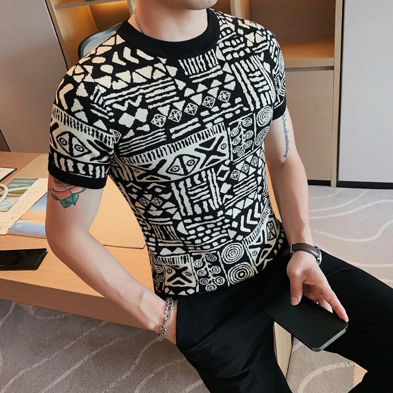 

New 2023 British Style Summer Ice Silk Short Sleeve Knitted T Shirts Men Simple O-Neck Casual Slim Tee Shirt Top M-4XL size