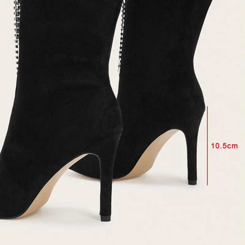 New Women Knee High Boots Female Crystal Chain Thin High Heels Long Boot Sexy Soild Fashion Ladies Pointed Toe Plus Size Shoes