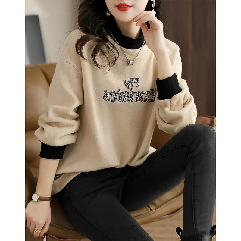 

Fashion Stand Collar Spliced Casual Letter Blouses Women's Clothing 2023 Autumn Winter Oversized All-match Tops Commuter Shirts