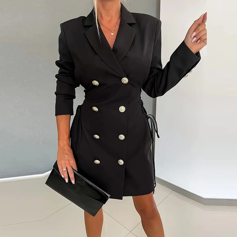 

Женское однотонное платье-трапеция, Осеннее простое офисное платье с лацканами и кулиской в талии, элегантное двубортное платье с длинным рукавом