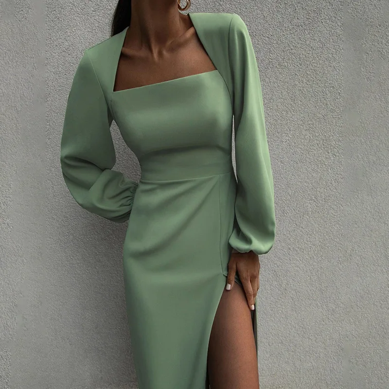

Elegant Square Collar Auturn And Winter Dresses For Women Long Sleeve Split Office Ladies Midi Dress