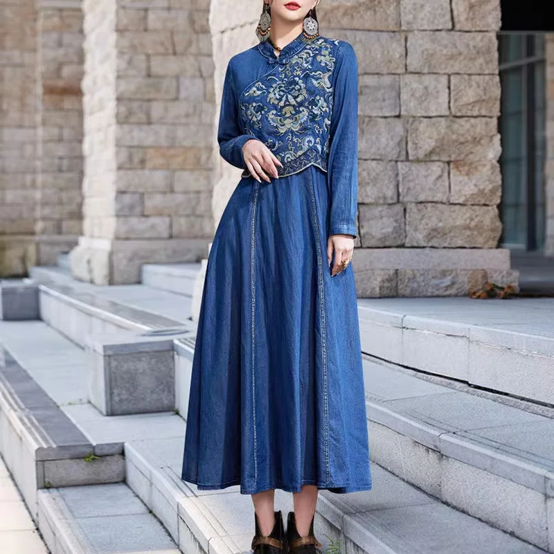 2023 Spring Fall Women Full Sleeve Embroidery Floral Cheongsam Blue Denim Dress , Woman Clothes Vintage Dresses