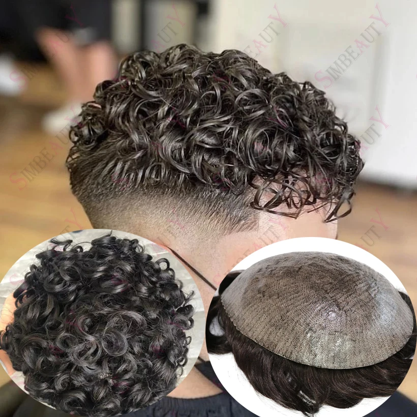 

Natural Hairline 20mm Curly Men Toupee Wig Skin Base Replacement System Durable Vrigin Unit Male Human Hair Capillary Prosthesis