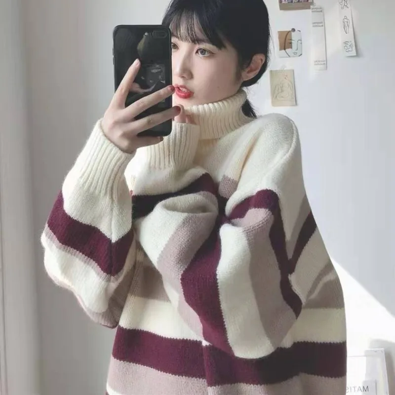 

Fashion Striped High Neck Pullover Sweater Female Autumn Winter New Student Korean Loose Versatile Medium Long Thin Cardigan