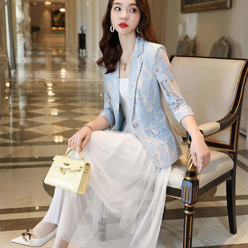 2023 New Lace Hollowed Out Women Suit Jacket Spring Summer Thin New Korean Fashion Temperament Slim Women Small Suit Jacket