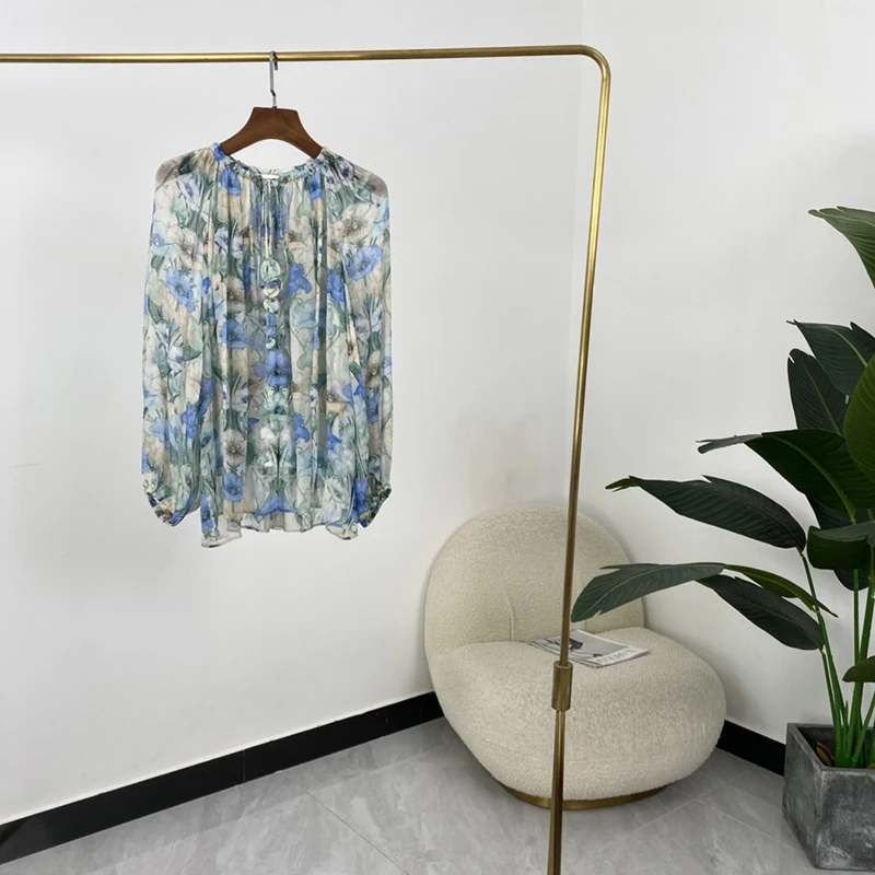 

Summer Autumn new Fashion Prairie Chic Blue Green Floral Printing Womens Tops Top Quality Long Sleeve Blouse