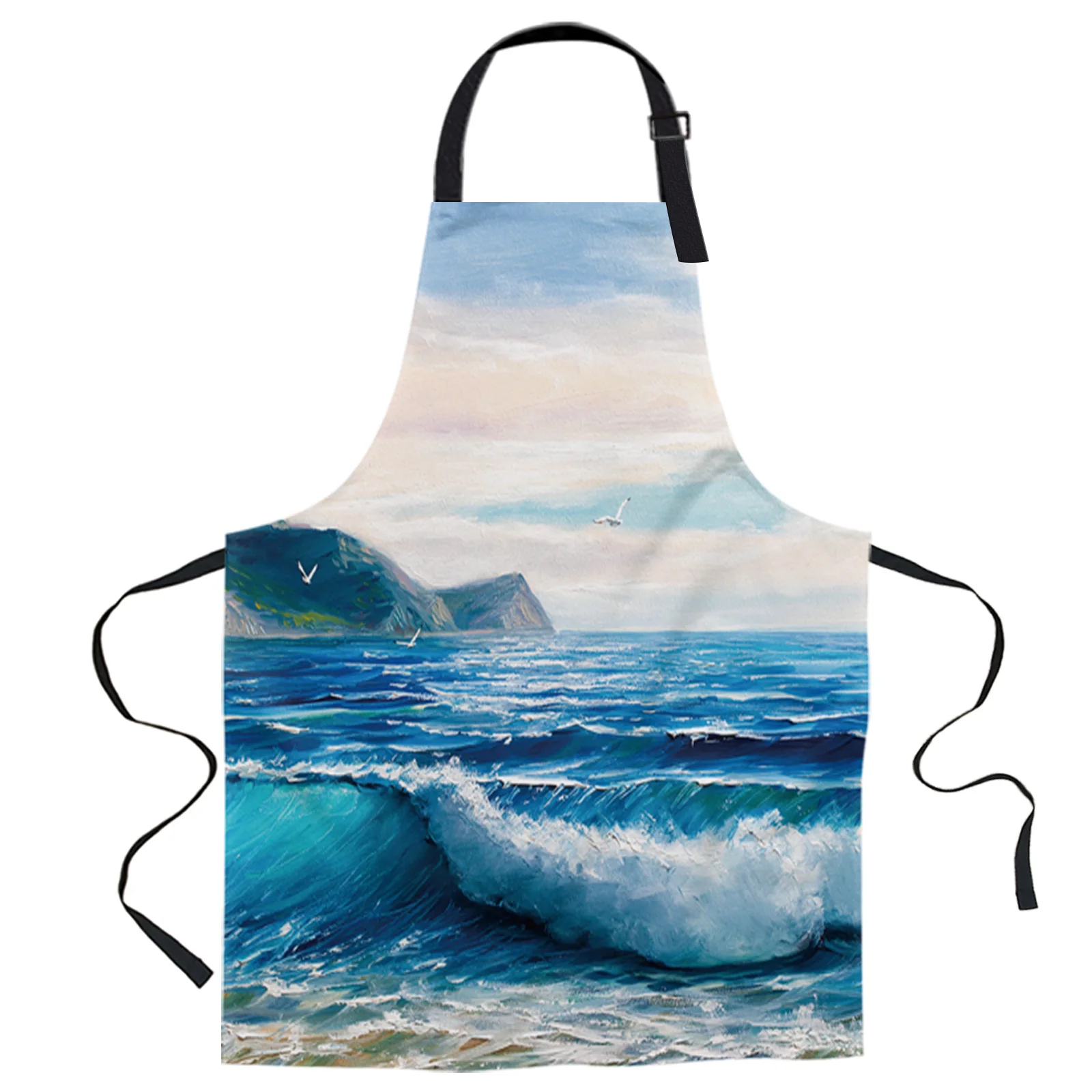 

Sea Wave Beach Oil Painting Design Adjustable Canvas Kitchen Coffee Apron Ladies Couple Cooking Dining