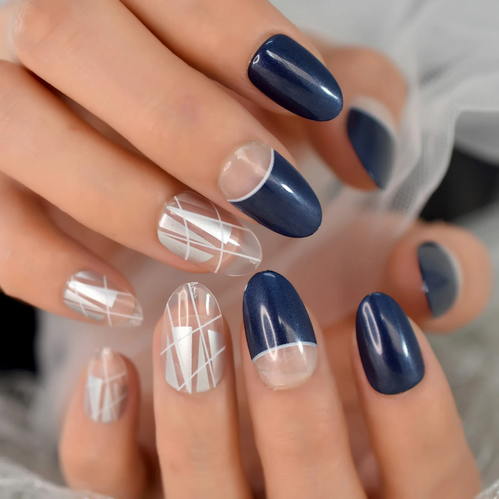 

Оригинальный дизайн, накладные ногти, нюдовые синие ногти с вкладками, средний размер, форма миндаля, сетка, дизайн, акриловый маникюр ногте...