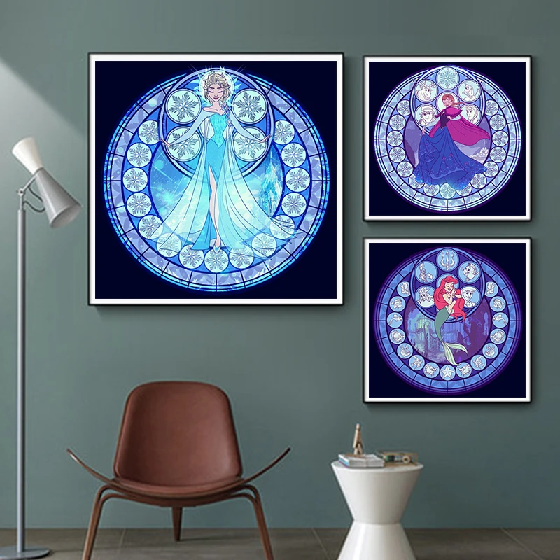 Постер с диснеевскими принцессами в виде бриллиантовых окон принты мультфильмов