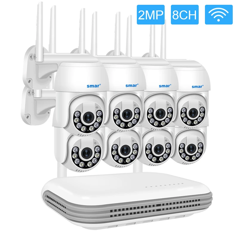 Smar Wireless 2MP Camera System Outdoor Waterproof Wifi Security 8CH NVR Two Way Audio Face Detec Color Night PTZ Xmeye