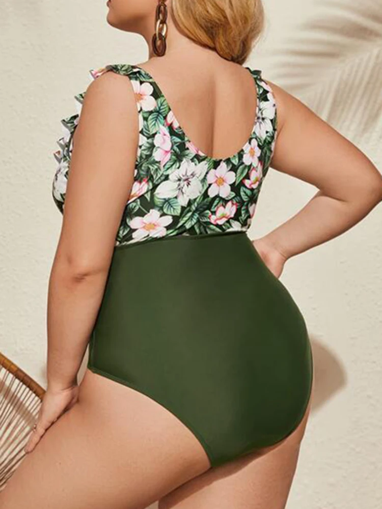 Флорал Рафл V-образное платье с увеличенным пуш-апом для плавания плюс размер 4XL большой женской купальник однотонный с высокой талией монокини большой боди.