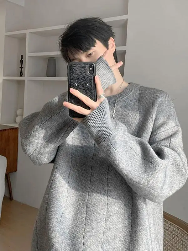 Светло-серый текстурированный свитер мужской зимний американский винтажный