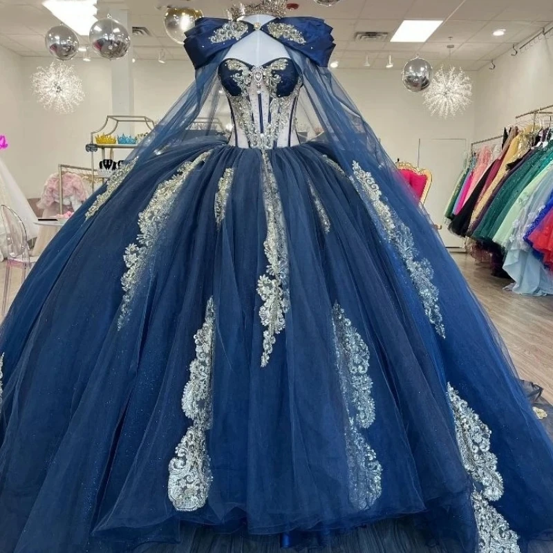 Мексиканское темно-синее платье принцессы для девушек с накидкой Золотой