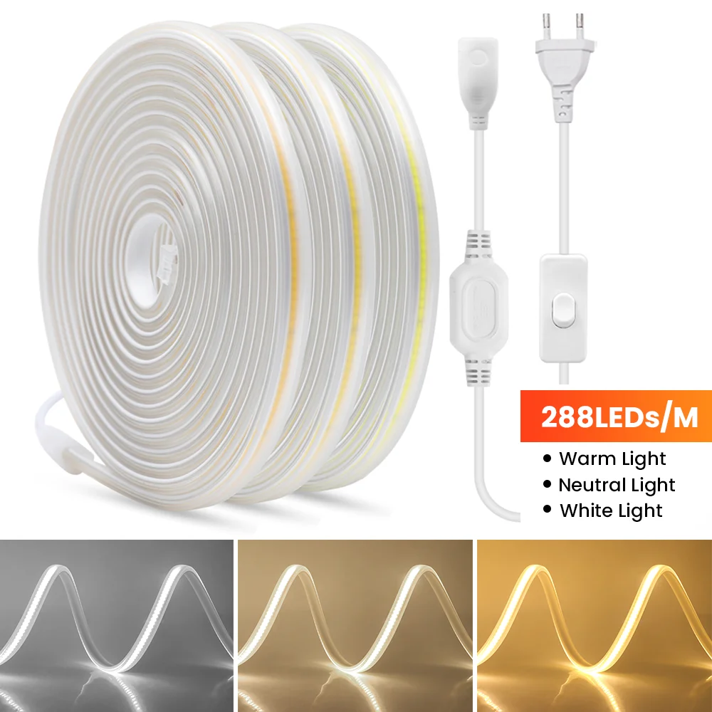 

110V 220V COB LED Strip with Switch Dimmable 288Leds/m High Density COB LED Lights Bar IP67 Waterproof Ribbon Linear Lighting