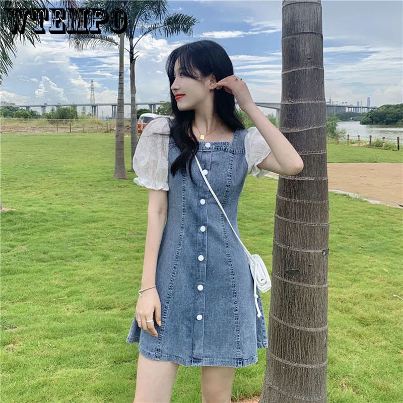 

Denim Dress French Square Collar Female Summer Temperament Above Knee Length A-LINE Dresses Women