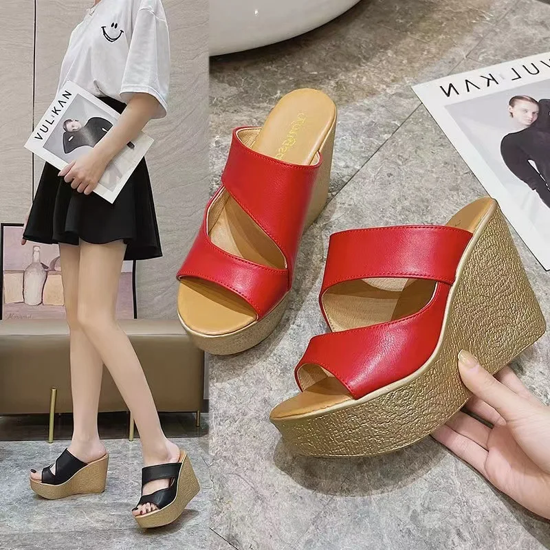 

New High Heel Slippers Fashion Waterproof Thick Sole Solid Color Casual Non-Slip Breathable Soft Sole Beach Shoes Plus Size