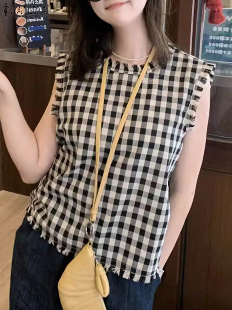 Корейский Летний клетчатый Топ ZANZEA без рукавов Женская Повседневная свободная