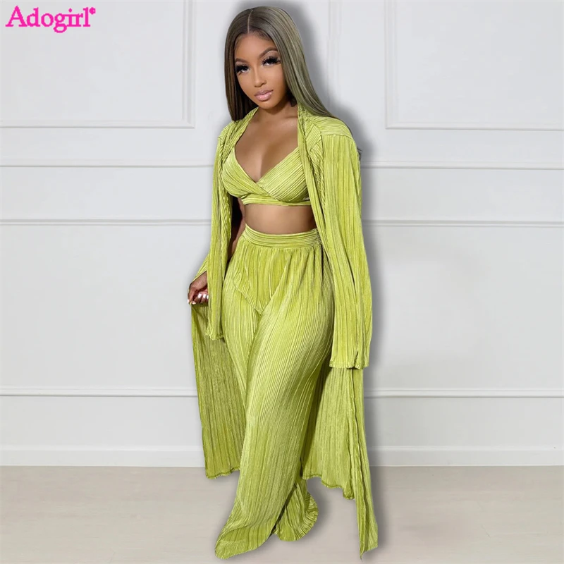 

Adogirl Pleated 3 Piece Sets Women Sexy Solid Full Sleeve Extra Long Cardigan Coat Bra Top Wide Leg Pants Casal Outfits Suit