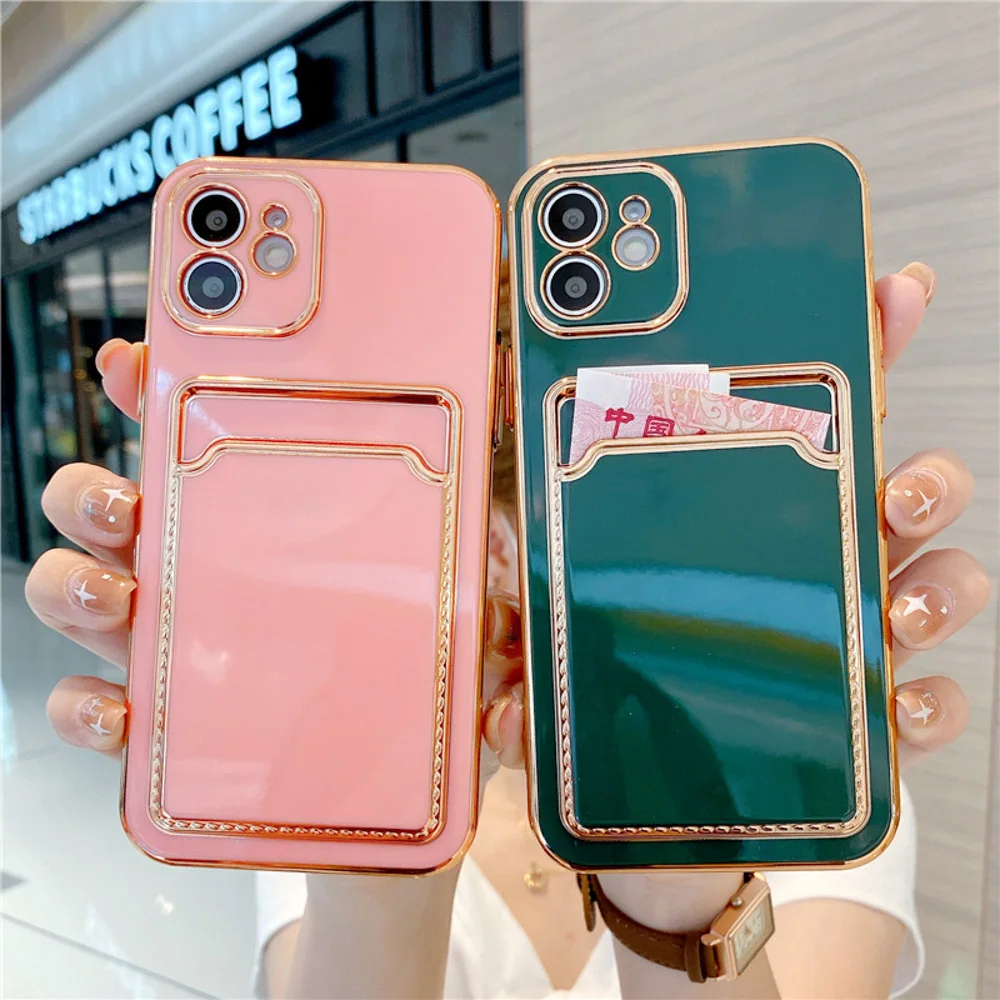 

Plating Card Holder Phone Case For iPhone 13 12 11 Pro Max Mini XS Max XR X 7 8 Plus SE 2020 Wallet Slots Bag TPU Silicone Cover