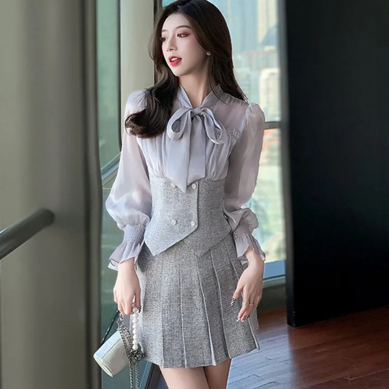 

Осенний Новый стильный яркий Яркий шелковый топ с бантом + плиссированная юбка комплект из двух предметов