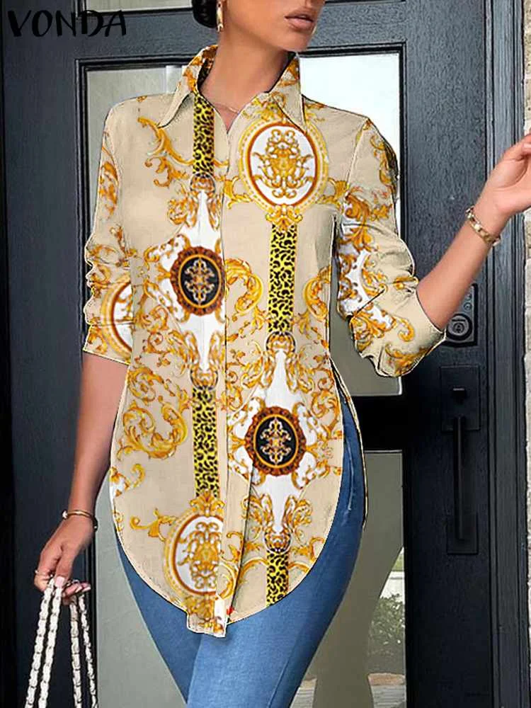 

VONDA Bohemian Women Printed Shirts Long Sleeve Asymmetrical Tops 2023 Autumn Buttons Fashion Blouse Casual Vintage Blusas Femme