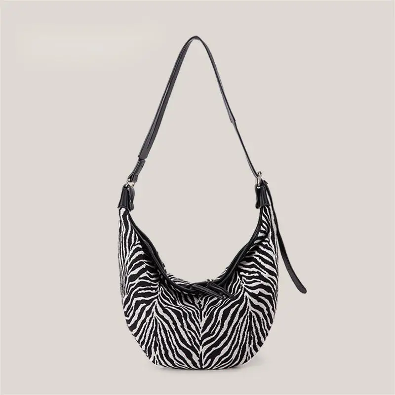 Zebra Pattern Crossbody Bags Women Zipper Large Capacity Canvas Half Moon Bag Chest Bag Fashion Purses