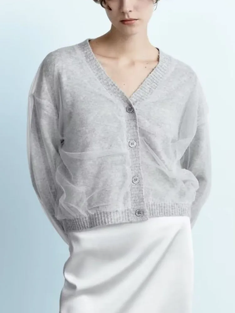 

TRAF Gray 2023 Autumn Winter Ladies Sweater New V-neck Long-sleeved Cardigan Jacket For Women Contrasting Tulle Fabric Coat Tops