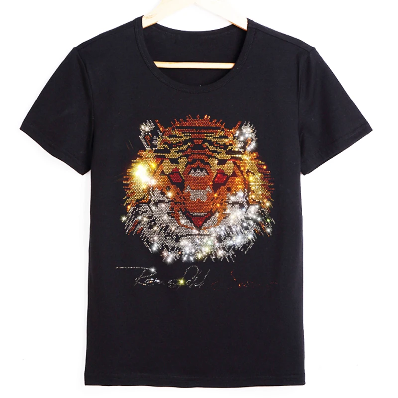 Женская футболка с коротким рукавом, хлопковая Футболка с принтом тигра и стразами, лето 2022