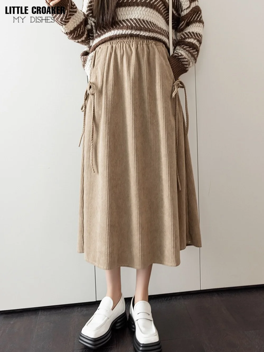 

2022 Corduroy Pockets Skirt Women Solid Autumn Winter Korean Lace Elastic Waist Pockets Mid-Length High Waist Goth Clothes