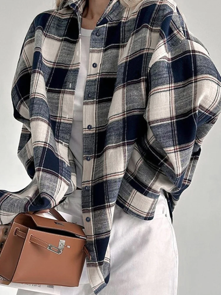 Женская весенне-зимняя клетчатая рубашка-оверсайз с длинным рукавом