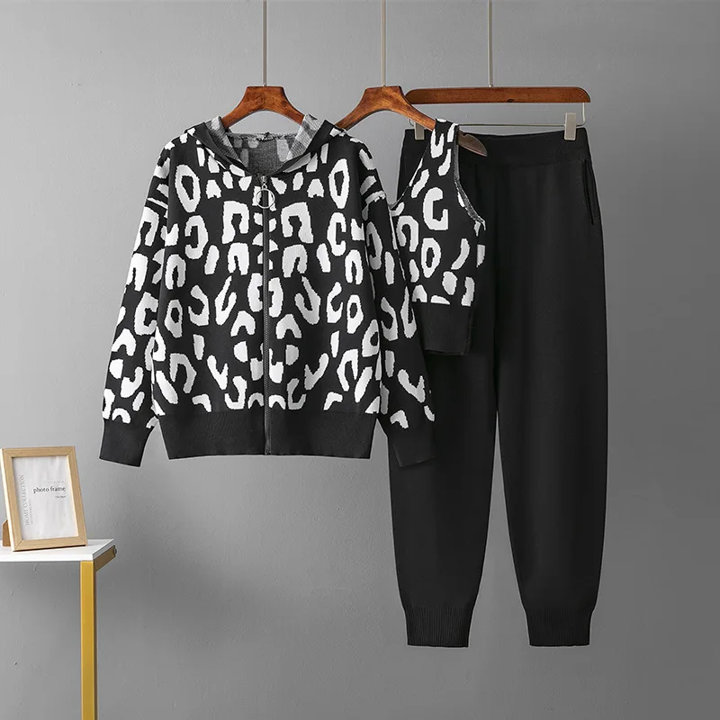 Корейский дизайн вязаный комплект из трех предметов женский леопардовый
